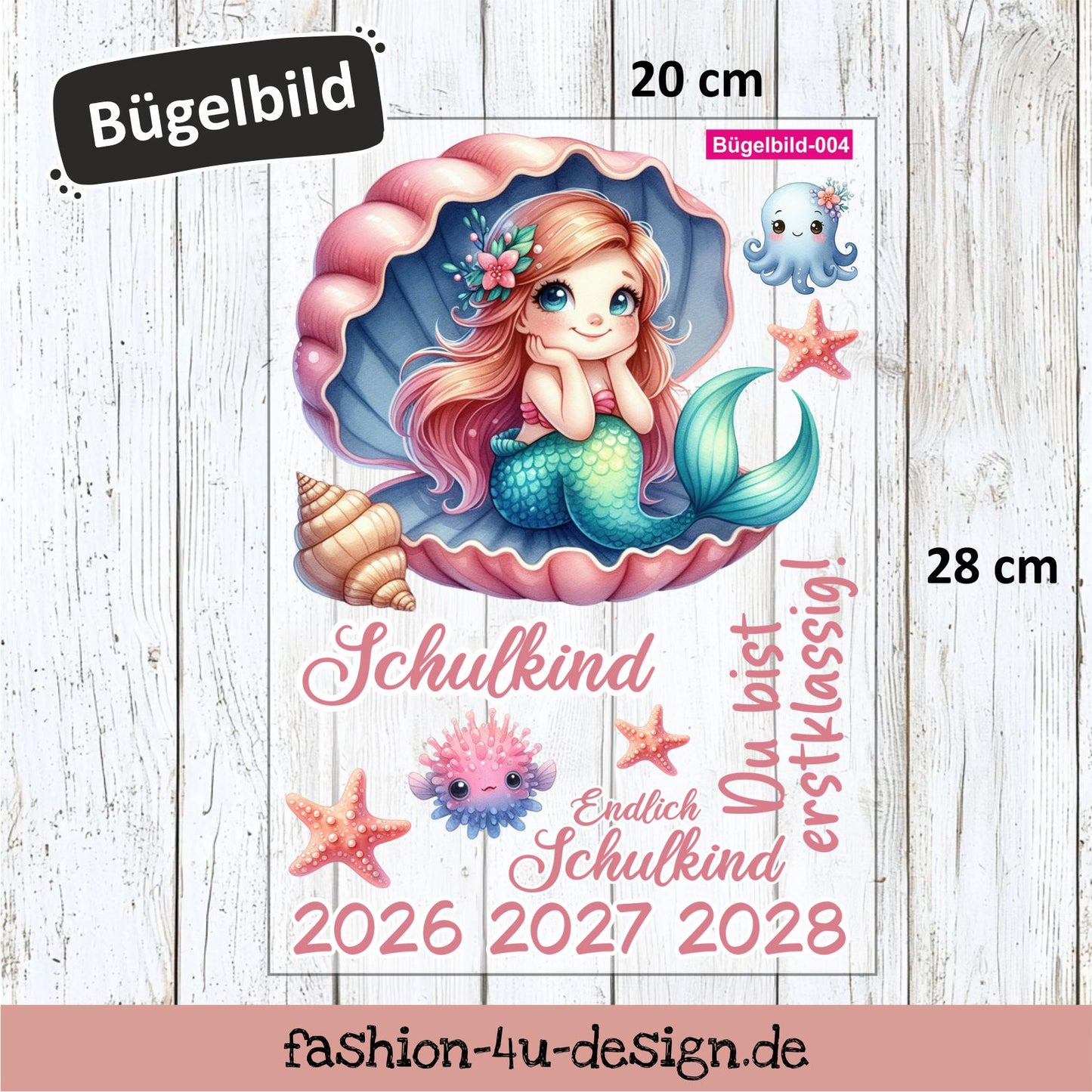 Bügelbild 004 "Meerjungfrau Muschel - Schulkind 2026/27/28" | Transfer, DIY, Applikation zur Einschulung, für die Schultüte oder Accessoires