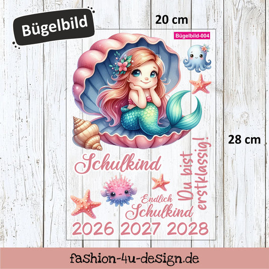 Bügelbild 004 "Meerjungfrau Muschel - Schulkind 2026/27/28" | Transfer, DIY, Applikation zur Einschulung, für die Schultüte oder Accessoires