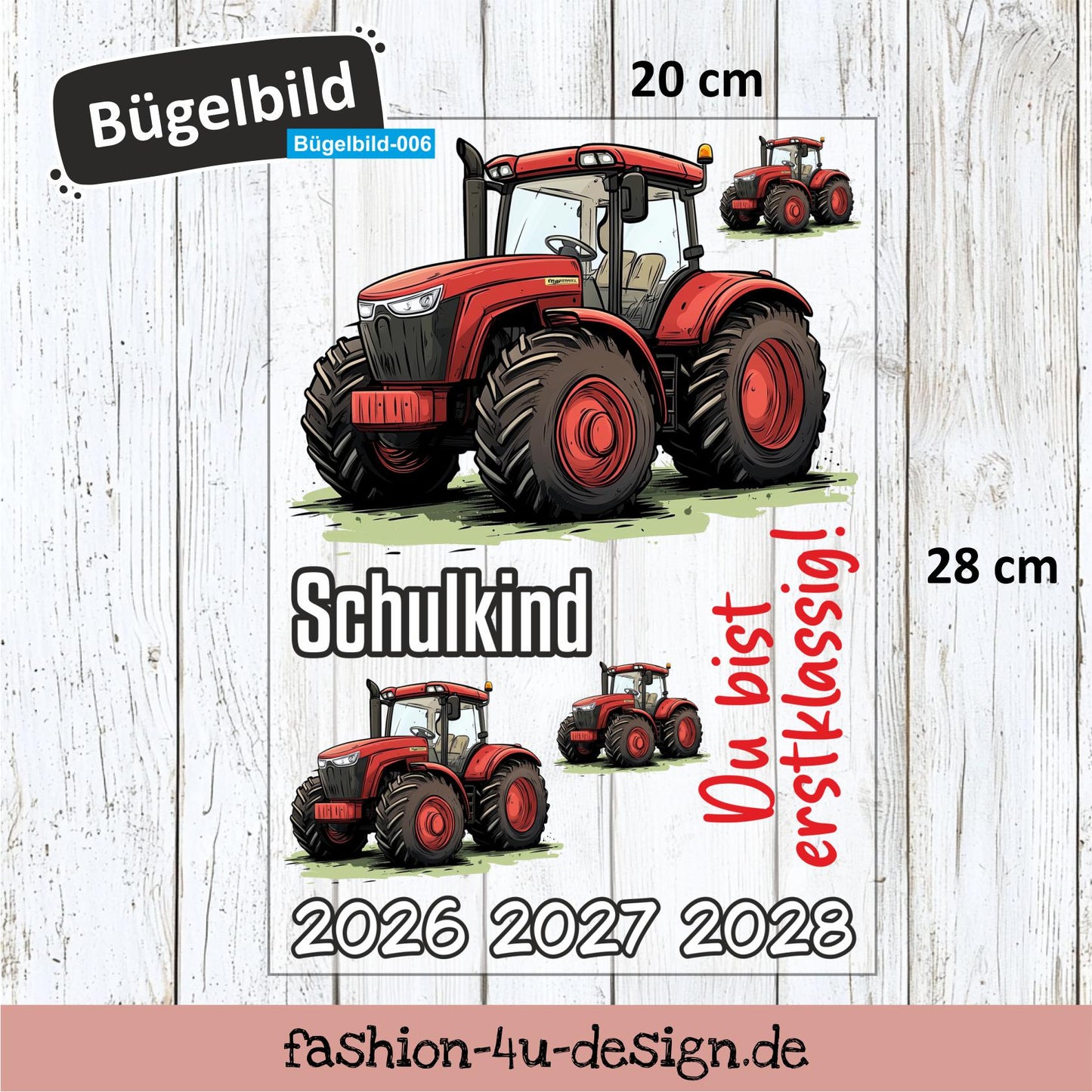 Bügelbild 006 "Traktor Rot - Schulkind 2026/27/28" | Transfer, DIY, Applikation zur Einschulung, für die Schultüte oder Accessoires