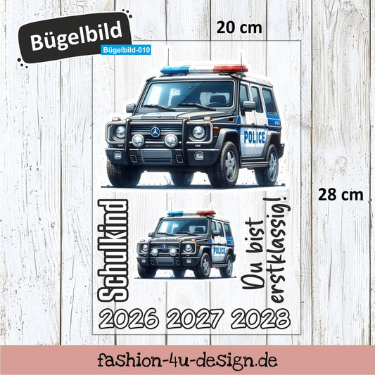 Bügelbild 010 "Polizei SUV - Schulkind 2026/27/28" | Transfer, DIY, Applikation zur Einschulung, für die Schultüte oder Accessoires