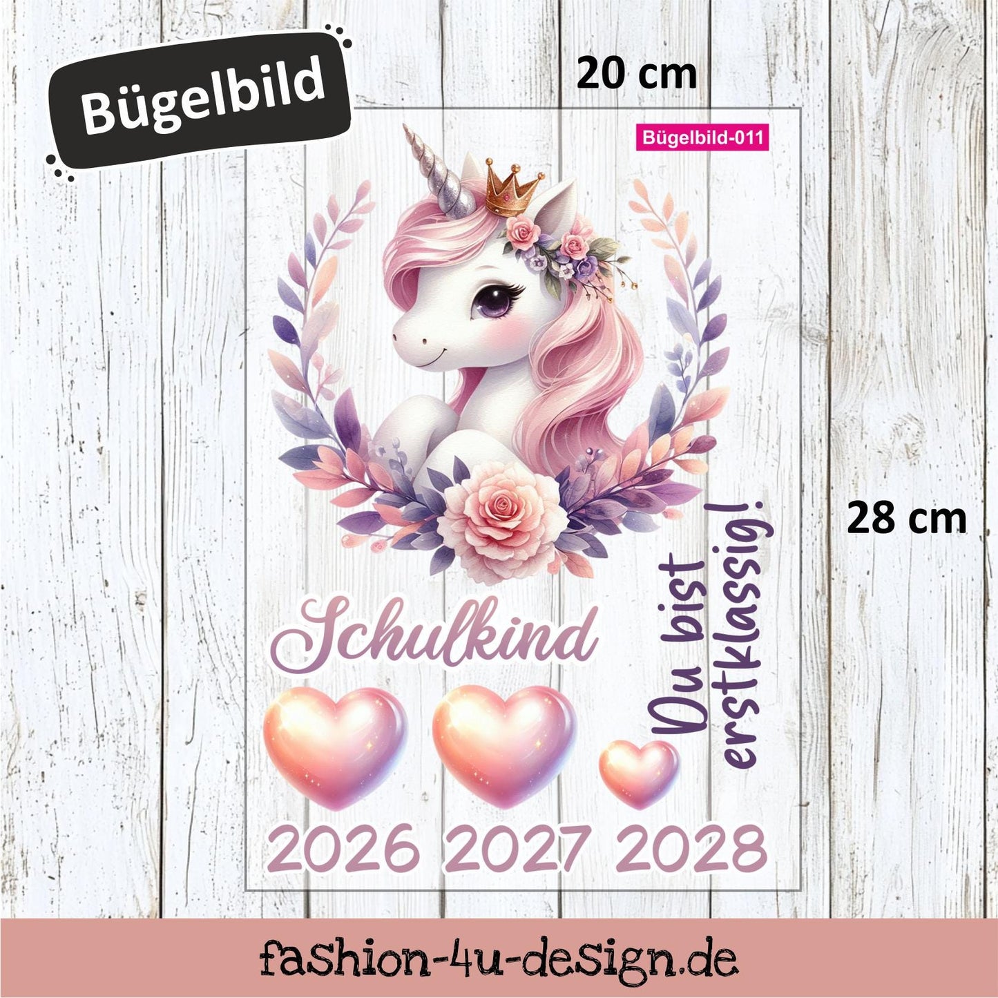 Bügelbild 011 "Einhorn im Kranz - Schulkind 2026/27/28" | Transfer, DIY, Applikation zur Einschulung, für die Schultüte oder Accessoires