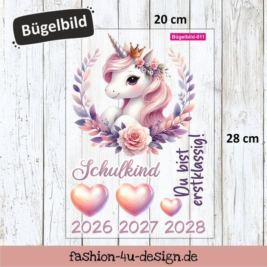 Bügelbild 011 "Einhorn im Kranz - Schulkind 2026/27/28" | Transfer, DIY, Applikation zur Einschulung, für die Schultüte oder Accessoires