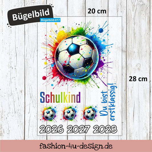 Bügelbild 017 "Fußball Splash bunt - Schulkind 2026/27/28" | Transfer, DIY, Applikation zur Einschulung, für die Schultüte oder Accessoires