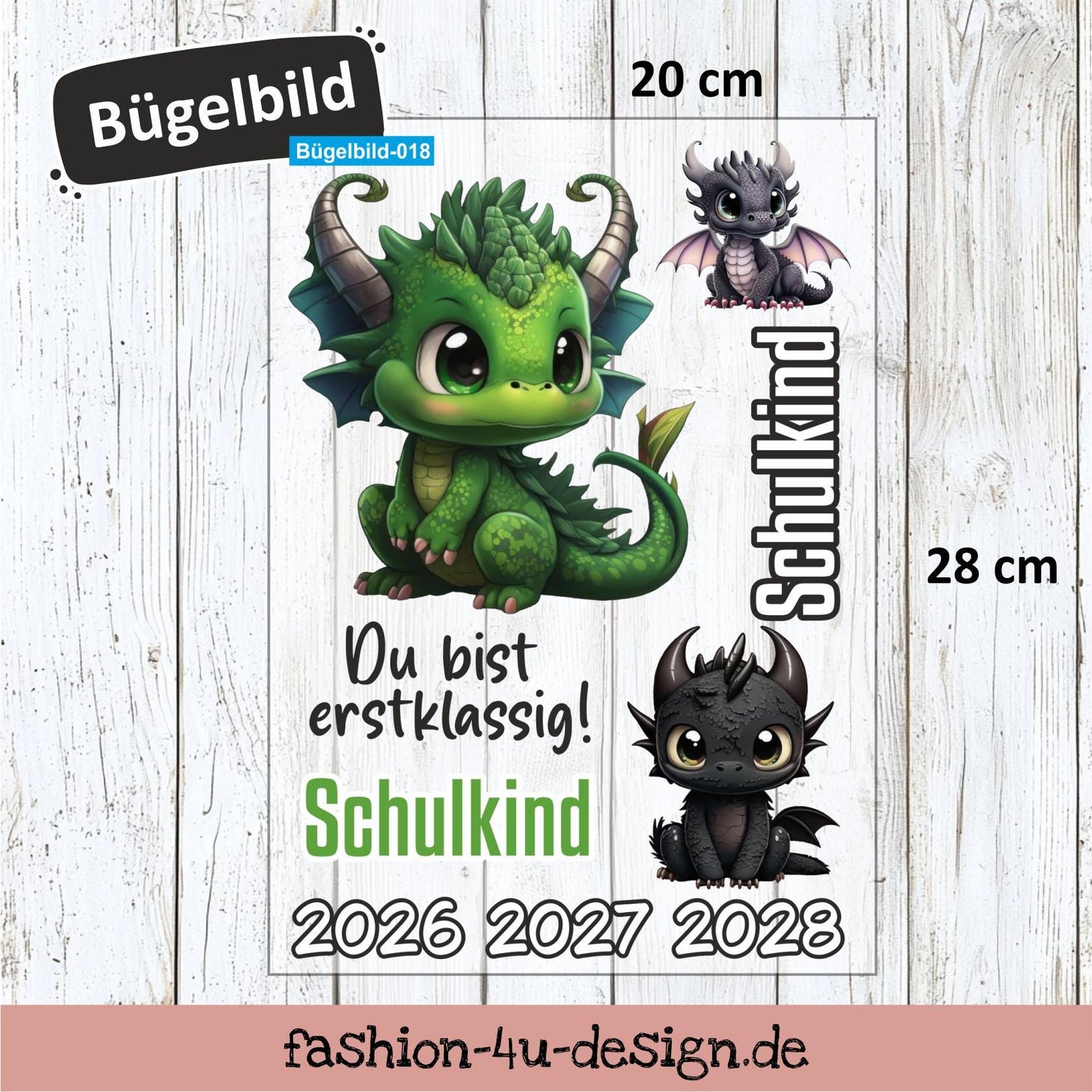 Bügelbild 018 "Kleiner Drache - Schulkind 2026/27/28" | Transfer, DIY, Applikation zur Einschulung, für die Schultüte oder Accessoires