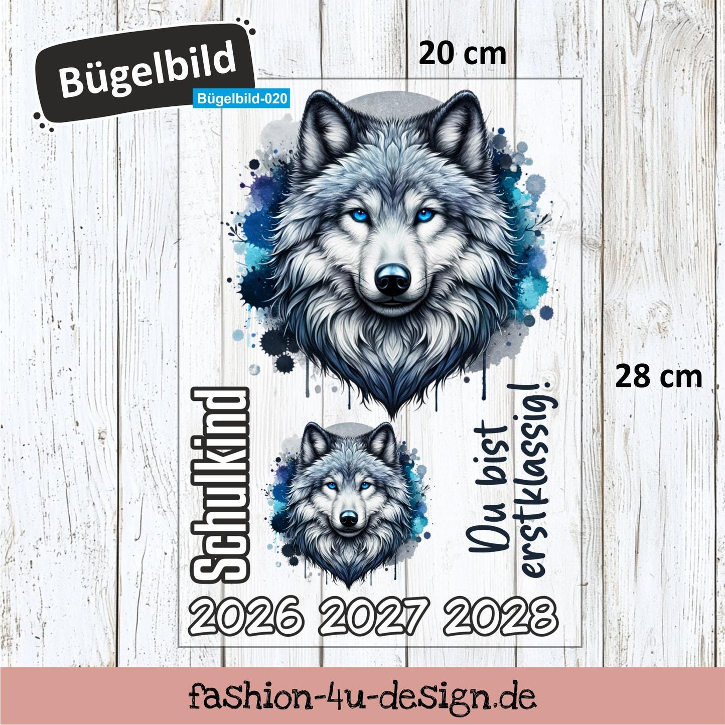 Bügelbild 020 "Wolf - Schulkind 2026/27/28" | Transfer, DIY, Applikation zur Einschulung, für die Schultüte oder Accessoires