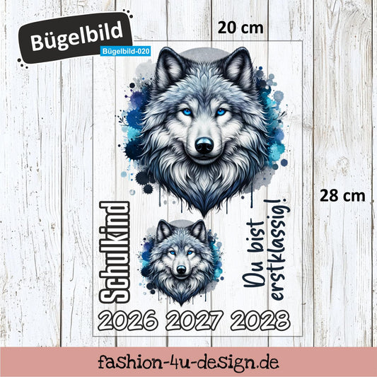 Bügelbild 020 "Wolf - Schulkind 2026/27/28" | Transfer, DIY, Applikation zur Einschulung, für die Schultüte oder Accessoires