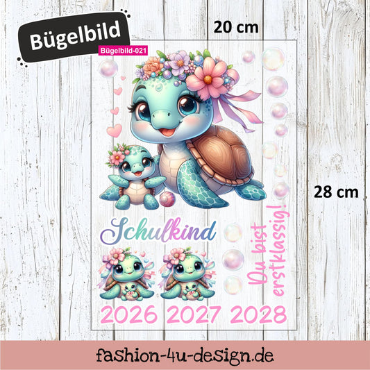 Bügelbild 021 "Boho Schildkröte - Schulkind 2026/27/28" | Transfer, DIY, Applikation zur Einschulung, für die Schultüte oder Accessoires