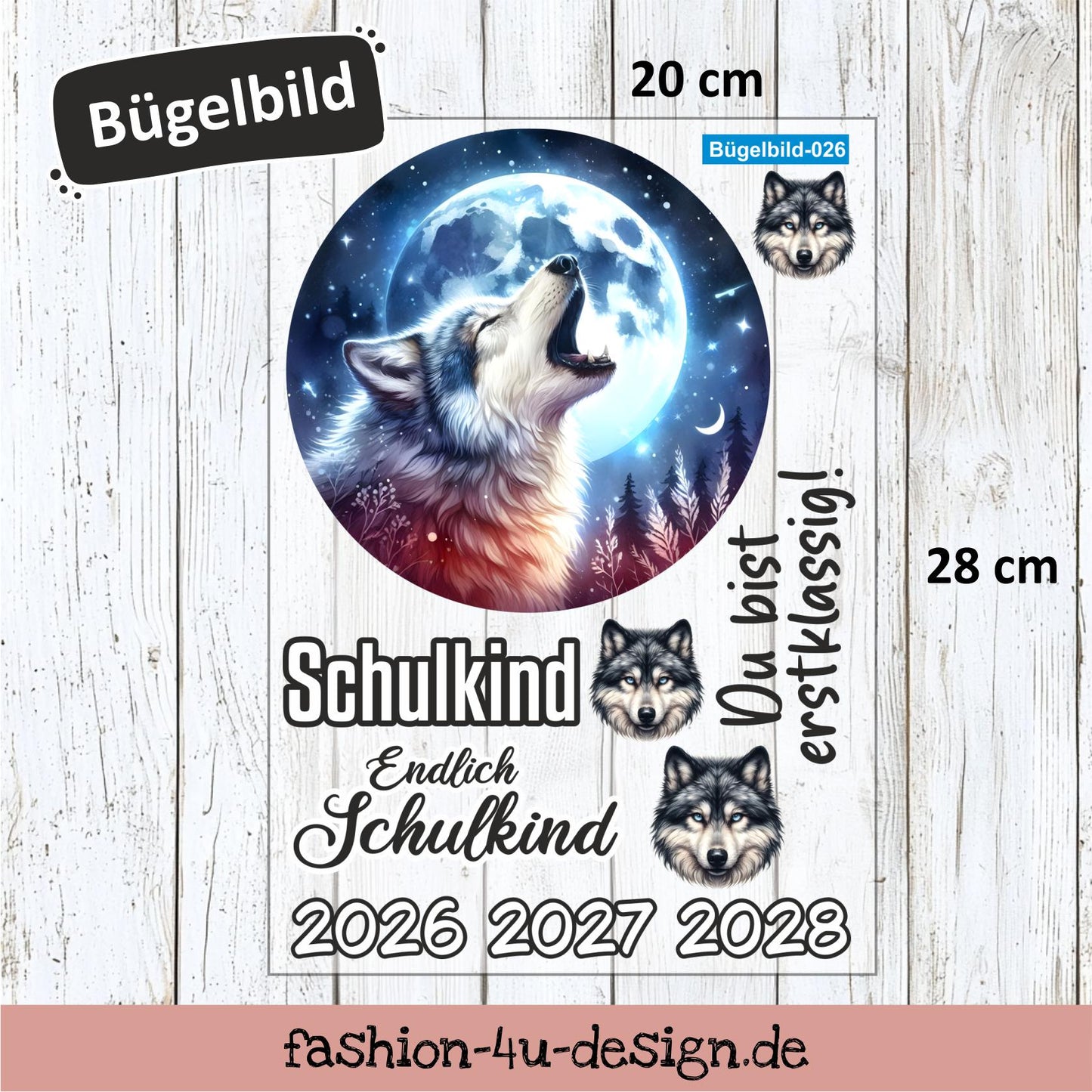 Bügelbild 026 "Wolf mit Mond - Schulkind 2026/27/28" | Transfer, DIY, Applikation zur Einschulung, für die Schultüte oder Accessoires