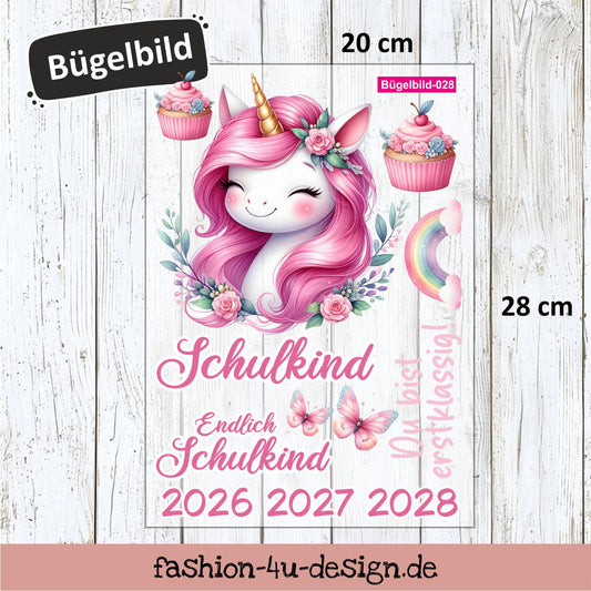 Bügelbild 028 "Cupcake Einhorn - Schulkind 2026/27/28" | Transfer, DIY, Applikation zur Einschulung, für die Schultüte oder Accessoires