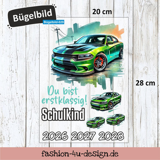 Bügelbild 029 "Sportwagen Rennauto - Schulkind 2026/27/28" | Transfer, DIY, Applikation zur Einschulung, für die Schultüte oder Accessoires
