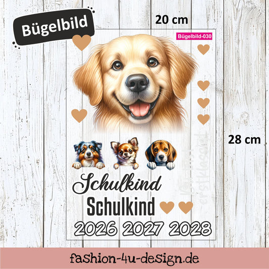 Bügelbild 030 "Hund Labrador - Schulkind 2026/27/28" | Transfer, DIY, Applikation zur Einschulung, für die Schultüte oder Accessoires