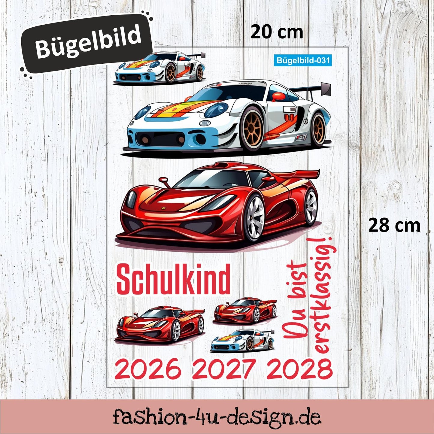 Bügelbild 031 "Sportwagen Rennauto - Schulkind 2026/27/28" | Transfer, DIY, Applikation zur Einschulung, für die Schultüte oder Accessoires