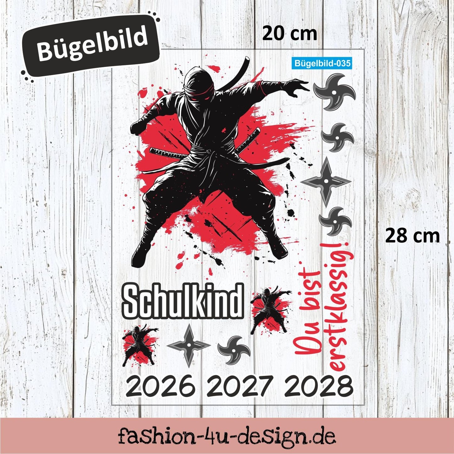 Bügelbild 035 "Ninja Rot - Schulkind 2026/27/28" | Transfer, DIY, Applikation zur Einschulung, für die Schultüte oder Accessoires