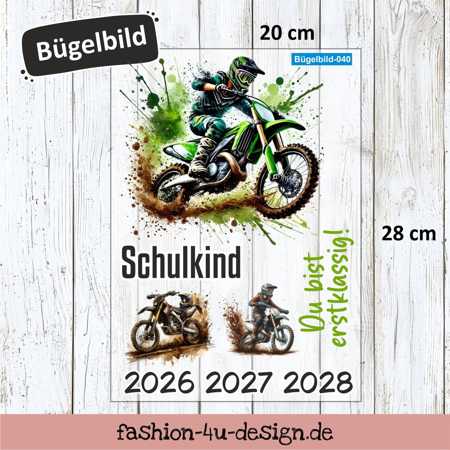 Bügelbild 040 "MotoCross Motorrad - Schulkind 2026/27/28" | Transfer, DIY, Applikation zur Einschulung, für die Schultüte oder Accessoires