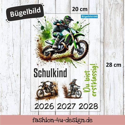 Bügelbild 040 "MotoCross Motorrad - Schulkind 2026/27/28" | Transfer, DIY, Applikation zur Einschulung, für die Schultüte oder Accessoires