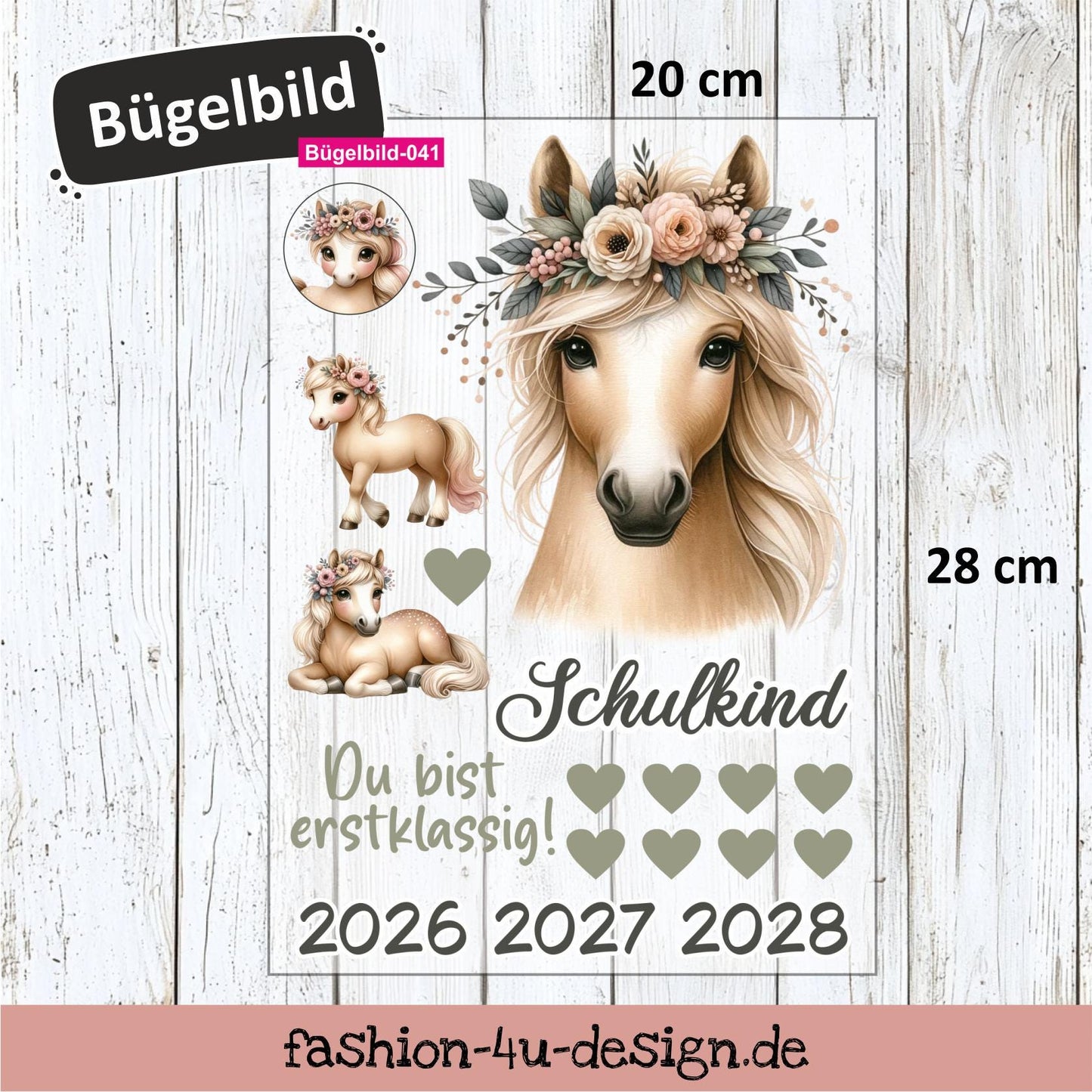 Bügelbild 041 "Boho Pferd - Schulkind 2026/27/28" | Transfer, DIY, Applikation zur Einschulung, für die Schultüte oder Accessoires