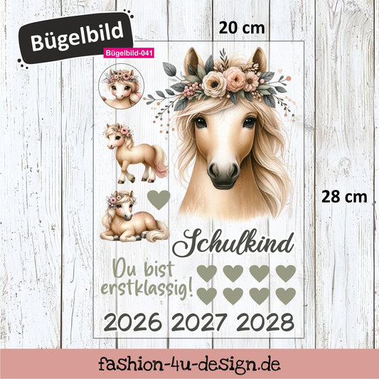 Bügelbild 041 "Boho Pferd - Schulkind 2026/27/28" | Transfer, DIY, Applikation zur Einschulung, für die Schultüte oder Accessoires