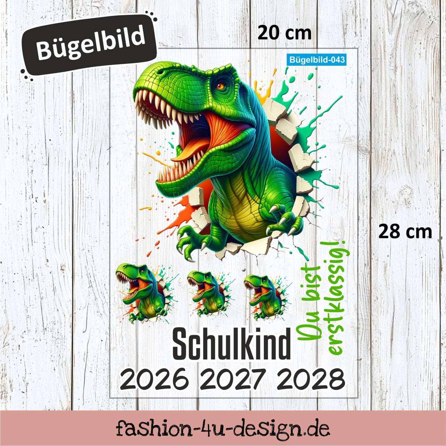 Bügelbild 043 "T-REX DinoDurchbruch - Schulkind 2026/27/28" | Transfer, DIY, Applikation zur Einschulung, für die Schultüte oder Accessoires