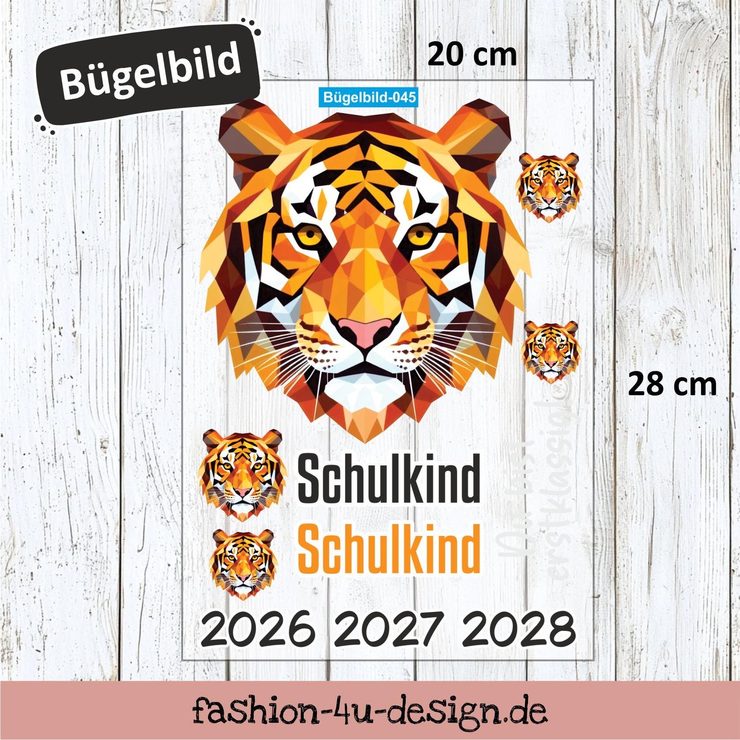 Bügelbild 045 "Tiger - Schulkind 2026/27/28" | Transfer, DIY, Applikation zur Einschulung, für die Schultüte oder Accessoires