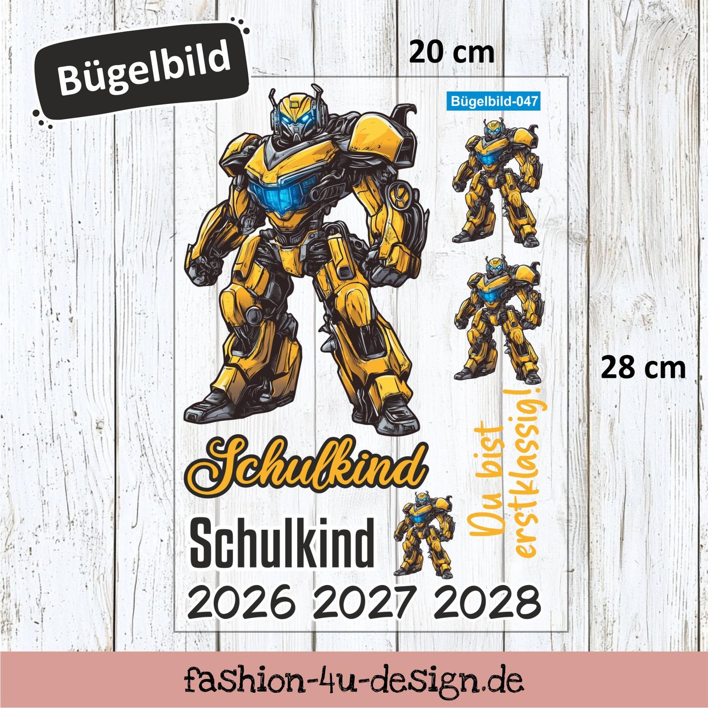 Bügelbild 047 "Roboter 2026/27/28" | Transfer, DIY, Applikation zur Einschulung, für die Schultüte oder Accessoires