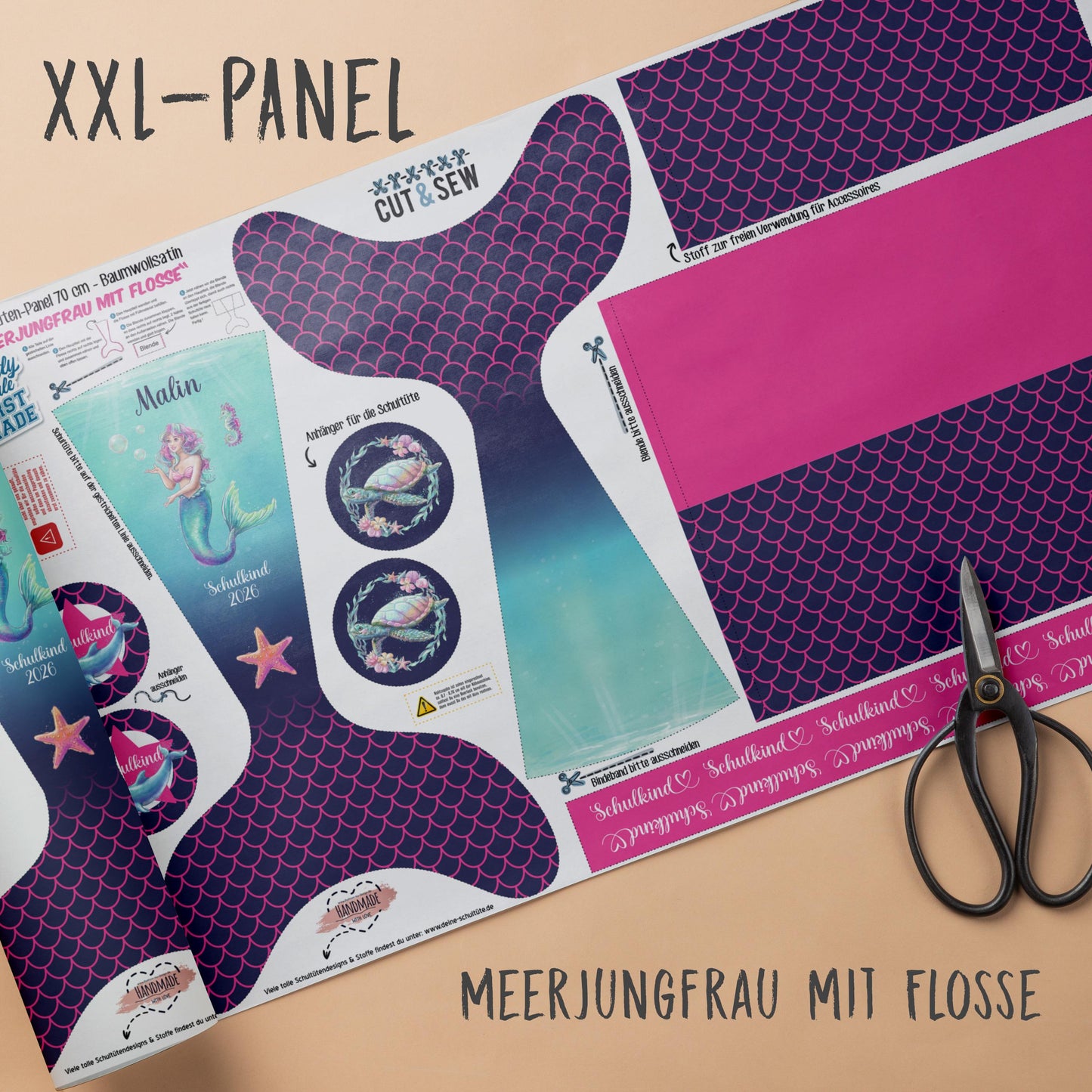 A002 Schultüte/Zuckertüte: Meerjungfrau mit Flosse - Baumwoll-Panel zum selber nähen - DIY Näh-Set 70 cm - mit Namen & Schulkind 2026