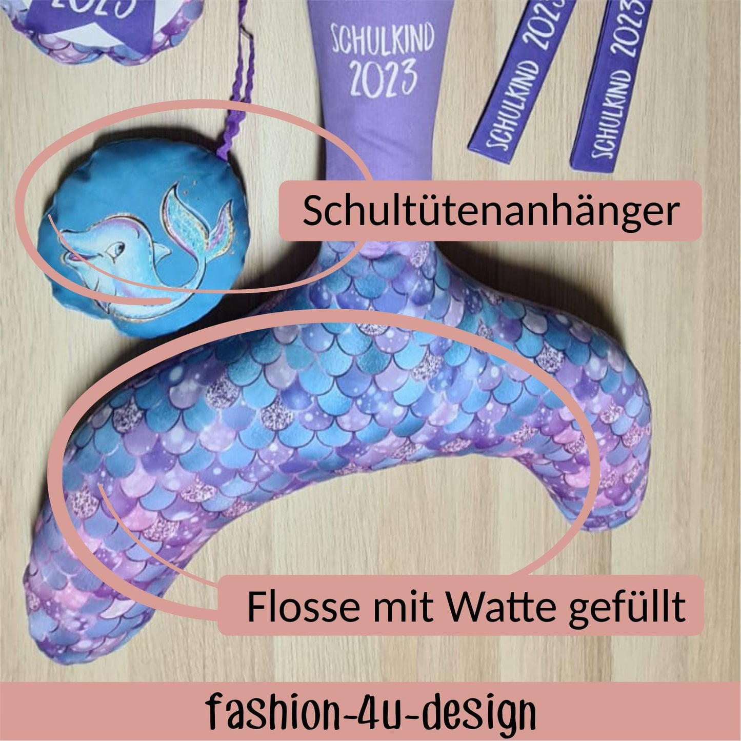 A005 Schultüte: Meerjungfrau mit Flosse - Baumwoll-Panel zum selber nähen - DIY Näh-Set 70 cm - mit Namen & Schulkind 2026