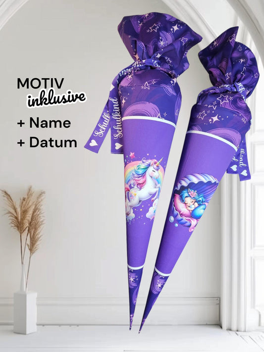 Schultüte mit Motiv (Bügelbild / bedruckt) - 70cm oder 85cm - Einhorn / Meerjungfrau auf Lila Sternenglanz inklusive Name und Datum
