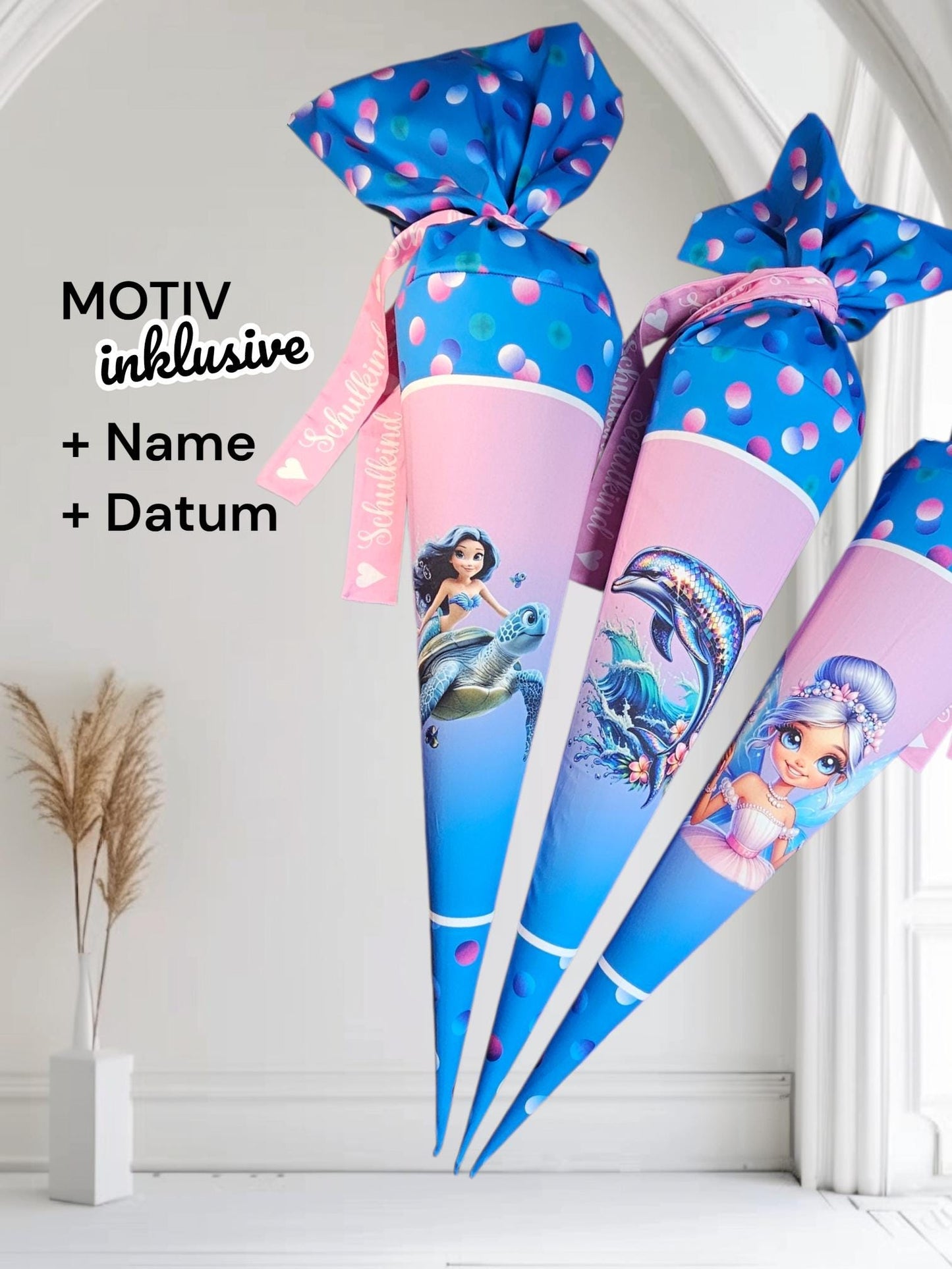 Schultüte mit Motiv (Bügelbild / bedruckt) - 70cm oder 85cm - Meerjungfrau / Delfin / Fee auf Ozeanfreunde inklusive Name und Datum