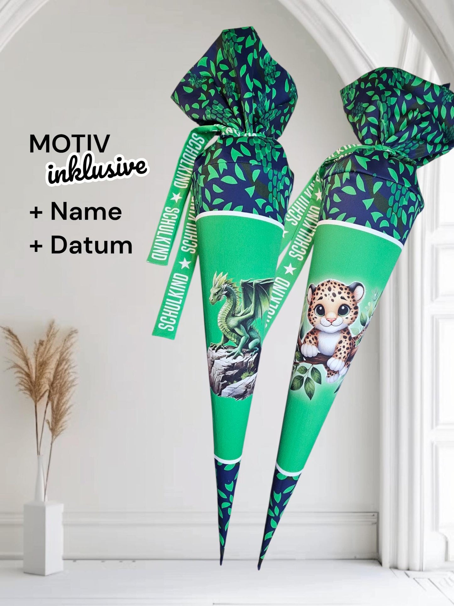 Schultüte mit Motiv (Bügelbild / bedruckt) - 70cm oder 85cm - Drache / Baby Leopard auf Waldschuppen inklusive Name und Datum