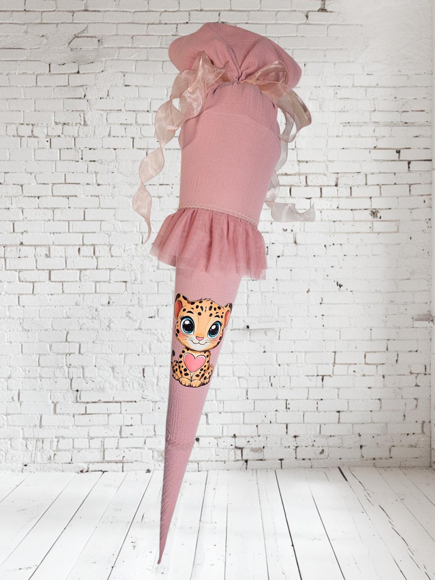 Schultüte mit Motiv / Transfer - 85cm - Baby Gepard auf rosa Musselin - AS6