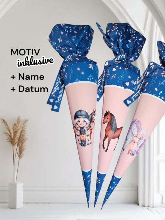 Schultüte mit Motiv (Bügelbild / bedruckt) - 70cm oder 85cm - Pferd auf Wilde Blumen Altrosa inklusive Name und Datum