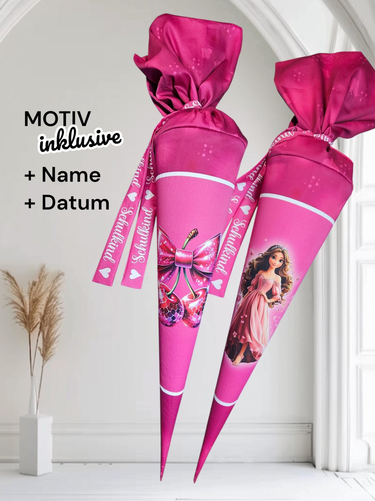 Schultüte mit Motiv (Bügelbild / bedruckt) - 70cm oder 85cm - Elfe / Kirsche auf Feenlicht Pink inklusive Name und Datum