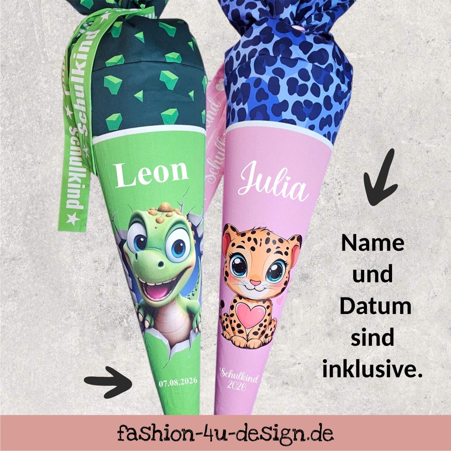 Schultüte mit Motiv (Bügelbild / bedruckt) - 70cm oder 85cm - Katze auf Katzenfreunde inklusive Name und Datum