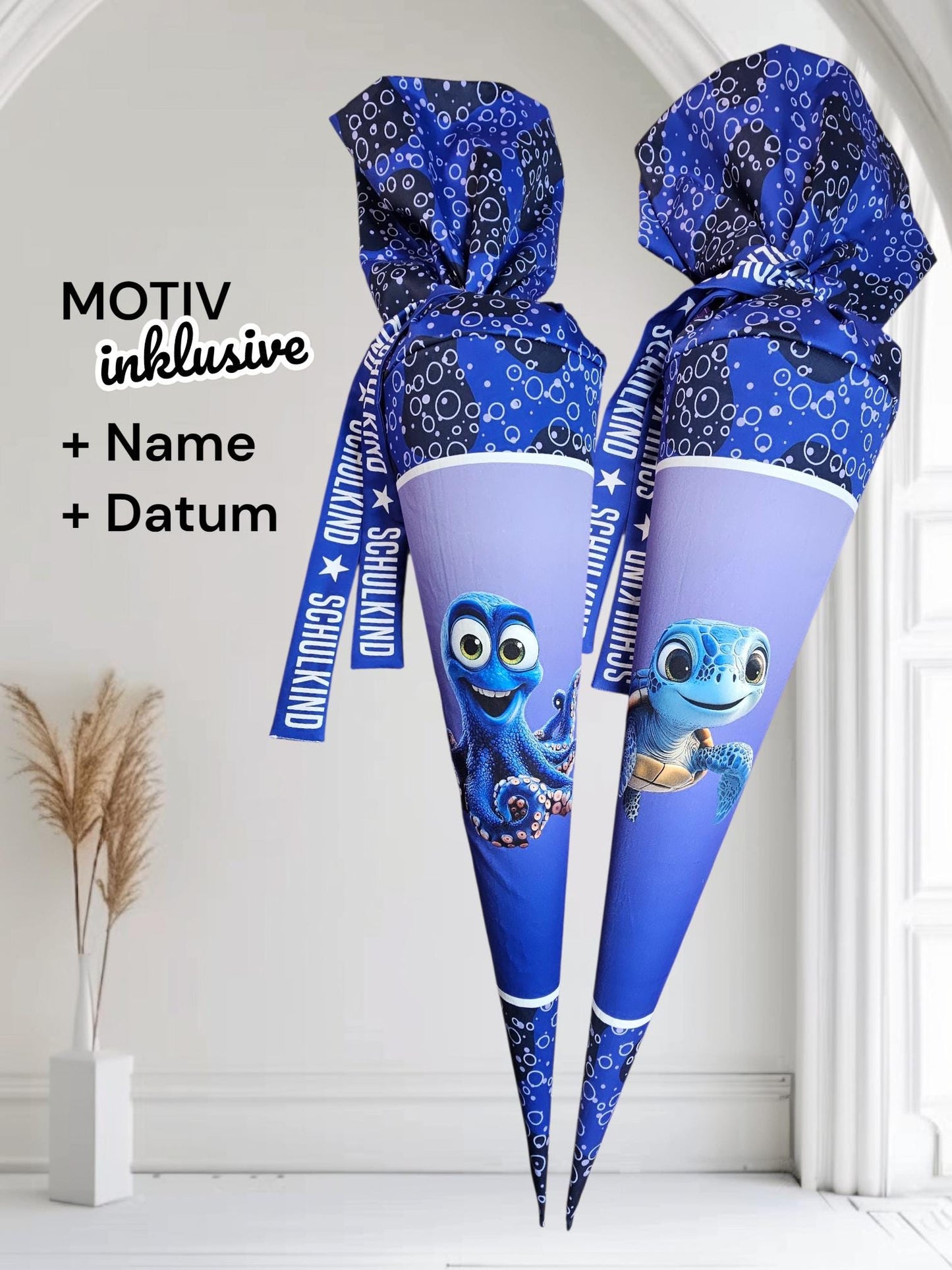 Schultüte mit Motiv (Bügelbild / bedruckt) - 70cm oder 85cm - Schildkröte/ Tintenfisch auf Blue Ocean inklusive Name und Datum
