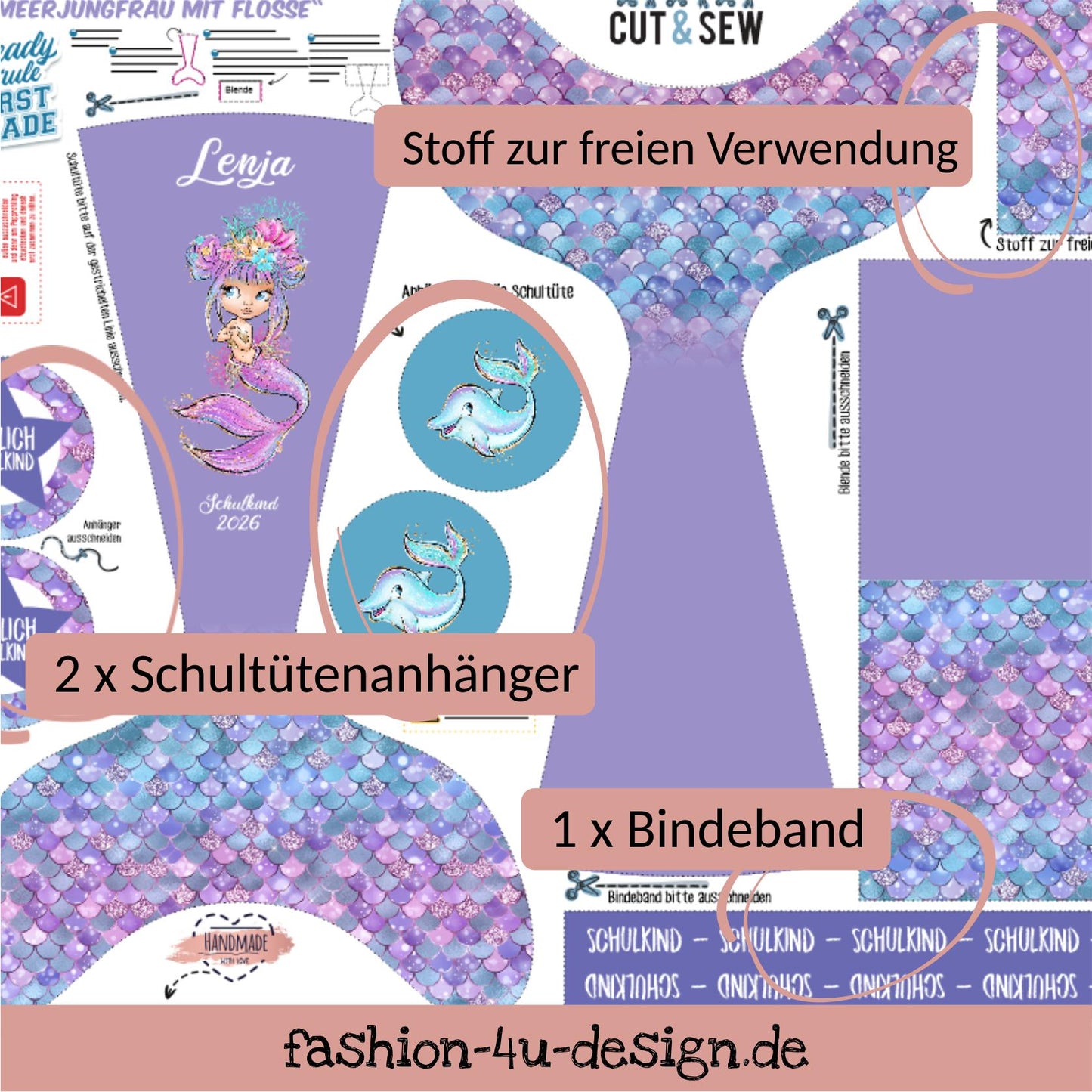 A007 Schultüte: Meerjungfrau mit Flosse - Baumwoll-Panel zum selber nähen - DIY Näh-Set 70 cm - mit Namen & Schulkind 2026