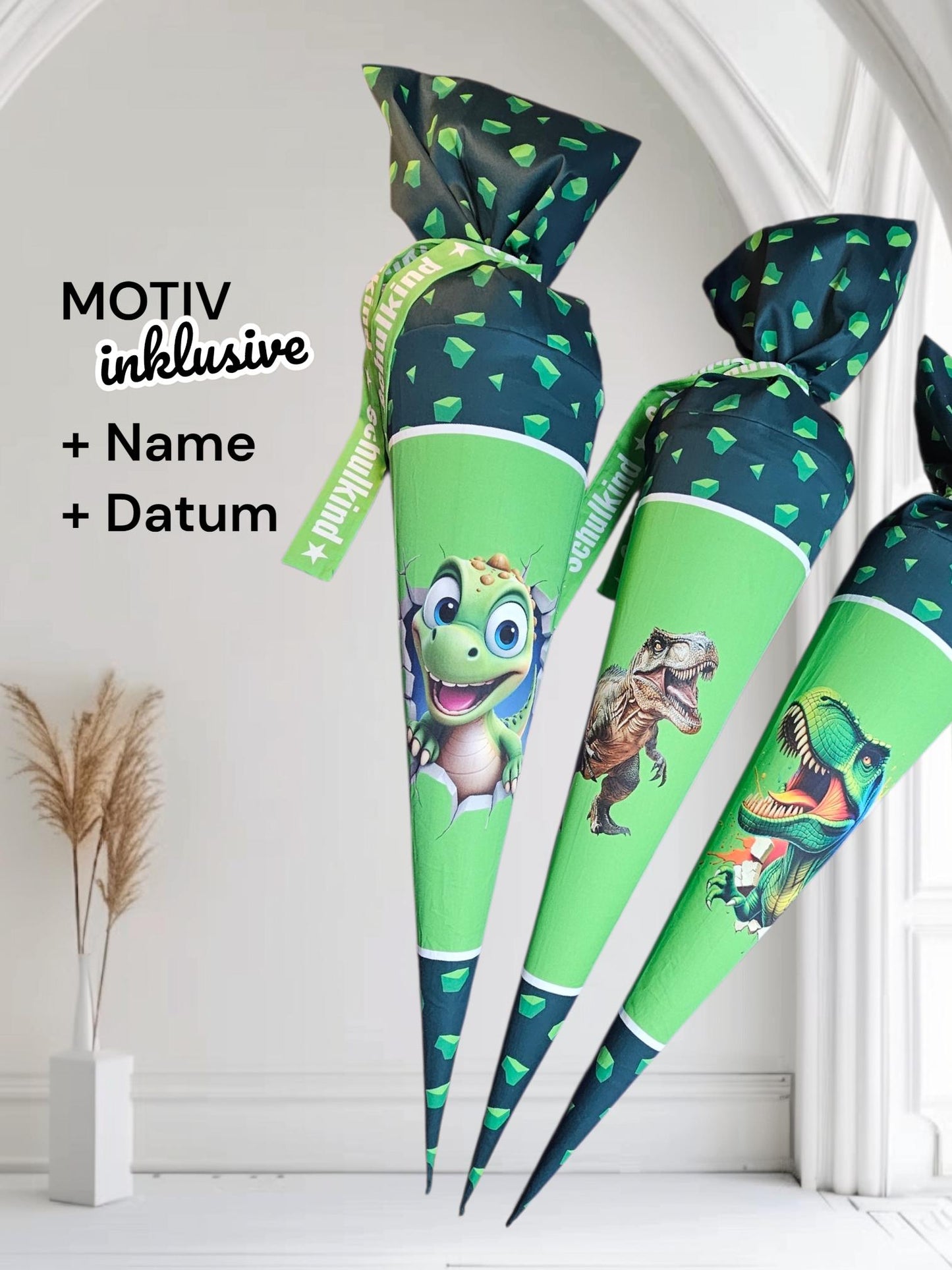 Schultüte mit Motiv (Bügelbild / bedruckt) - 70cm oder 85cm - Dino auf Kristallgrün inklusive Name und Datum