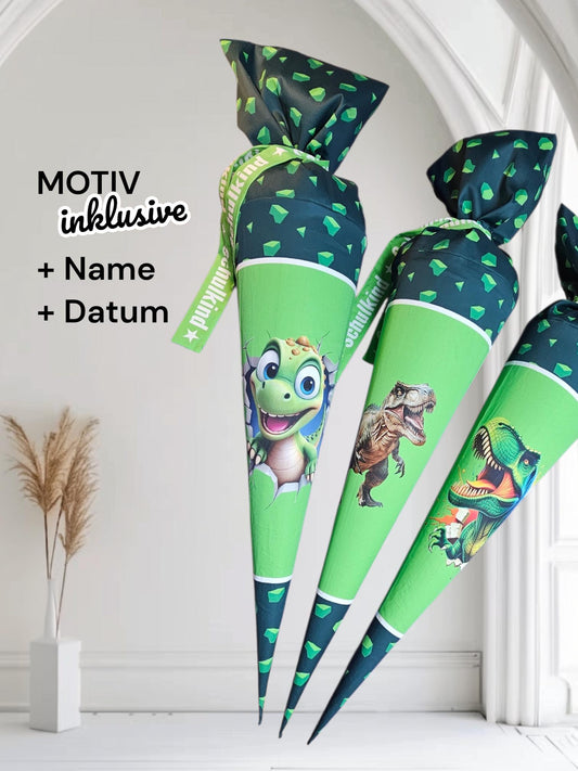Schultüte mit Motiv (Bügelbild / bedruckt) - 70cm oder 85cm - Dino auf Kristallgrün inklusive Name und Datum