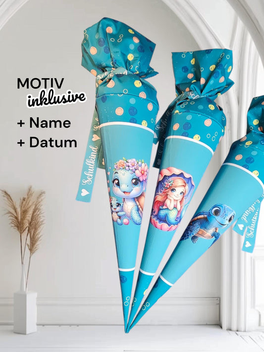 Schultüte mit Motiv (Bügelbild / bedruckt) - 70cm oder 85cm - Schildkröte / Meerjungfrau auf Blaue Lagune inklusive Name und Datum