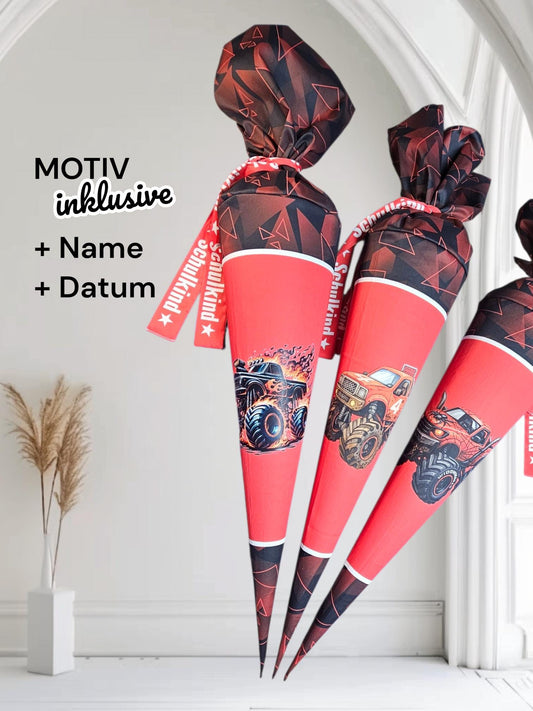 Schultüte mit Motiv (Bügelbild / bedruckt) - 70cm oder 85cm - Monstertruck auf Monsterkraft inklusive Name und Datum
