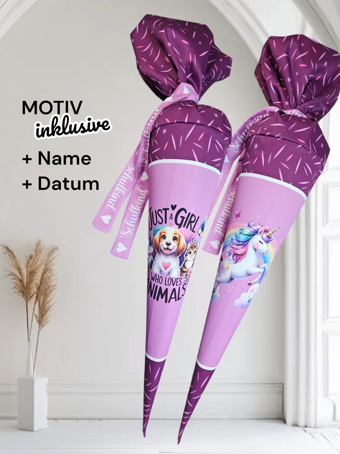 Schultüte mit Motiv (Bügelbild / bedruckt) - 70cm oder 85cm - Tiere / Einhorn auf Zaubernacht inklusive Name und Datum