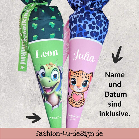 Schultüte mit Motiv (Bügelbild / bedruckt) - 70cm oder 85cm - Pferd auf Wilde Blumen Altrosa inklusive Name und Datum