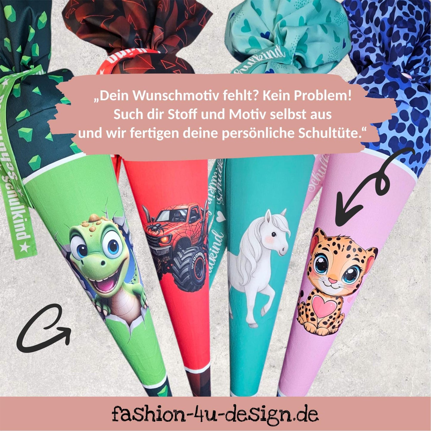 Schultüte mit Motiv (Bügelbild / bedruckt) - 70cm oder 85cm - Fuchs oder Waschbär auf Schulkind Stoff inklusive Name und Datum