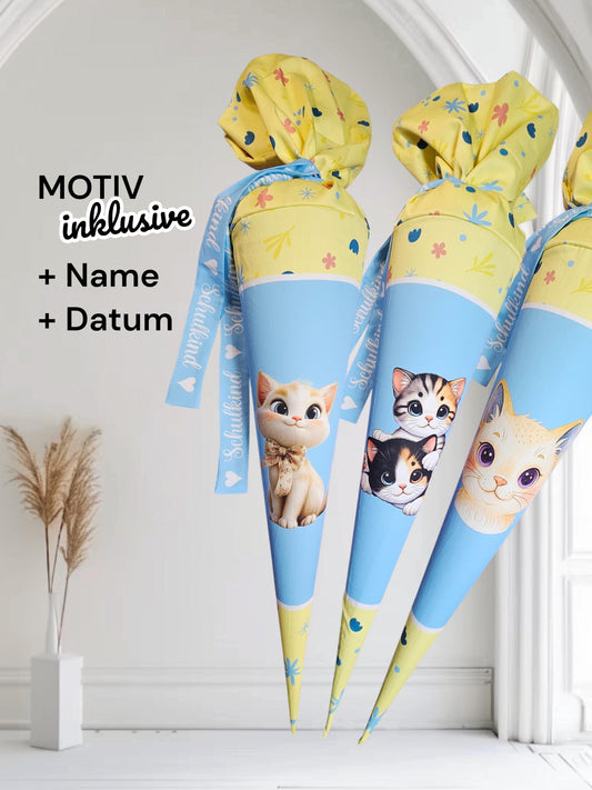 Schultüte mit Motiv (Bügelbild / bedruckt) - 70cm oder 85cm - Katze auf Katzenfreunde inklusive Name und Datum