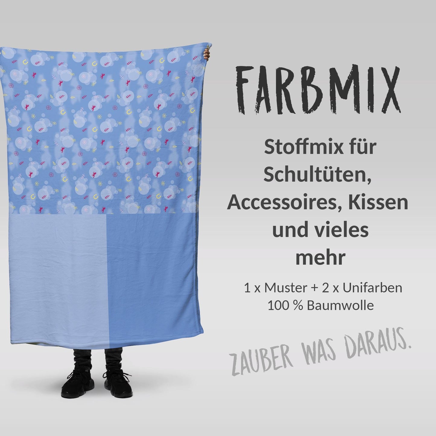 Stoffmix PANEL: Hufeisen Glück (97 cm x 150 cm) - perfekt für Schultüten & Accessoires zur Einschulung | Pferde, Wolken, Blumen, Pony