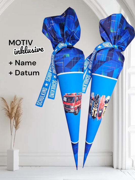 Schultüte mit Motiv (Bügelbild / bedruckt) - 70cm oder 85cm - Polizei oder Feuerwehr auf Blaulichtteam inklusive Name und Datum