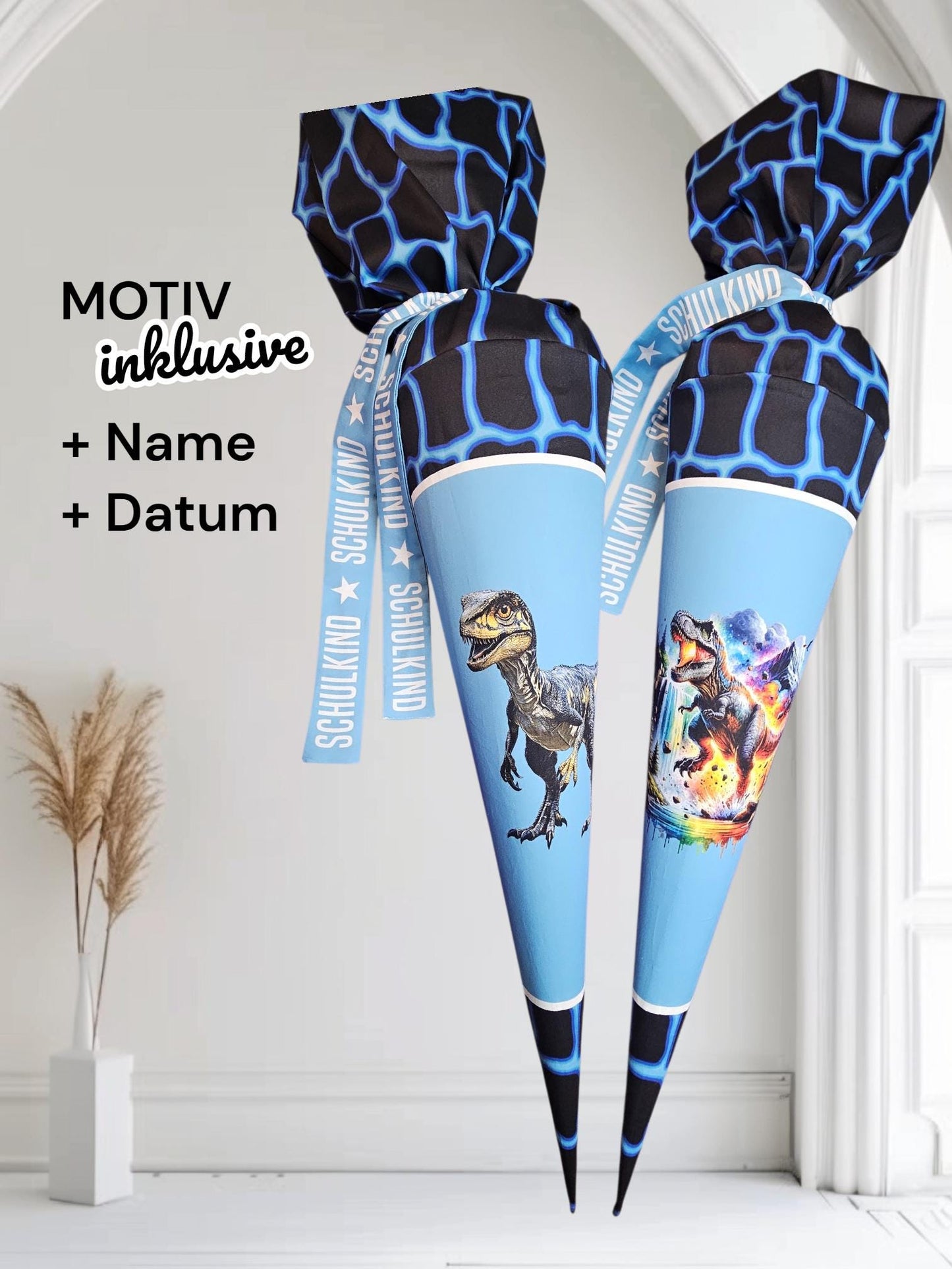 Schultüte mit Motiv (Bügelbild / bedruckt) - 70cm oder 85cm - T-Rex Collage oder Dino auf Shockwave Blue inklusive Name und Datum