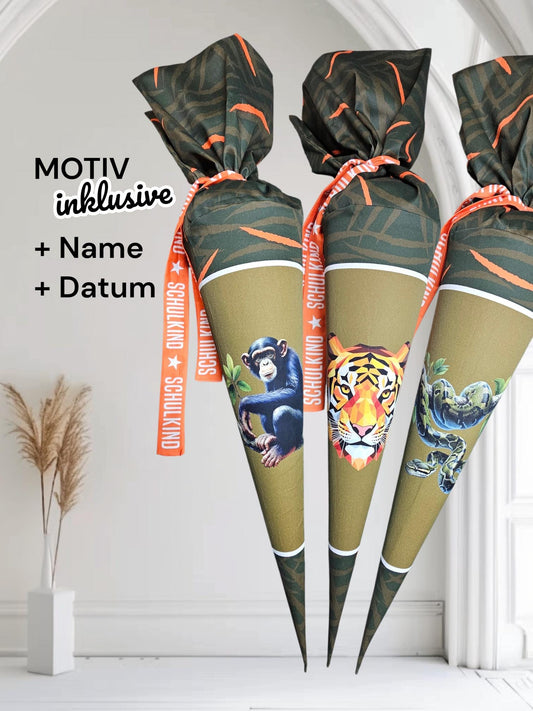 Schultüte mit Motiv (Bügelbild / bedruckt) - 70cm oder 85cm - Tiger, Affe, Schlange auf Dschungelfieber inklusive Name und Datum