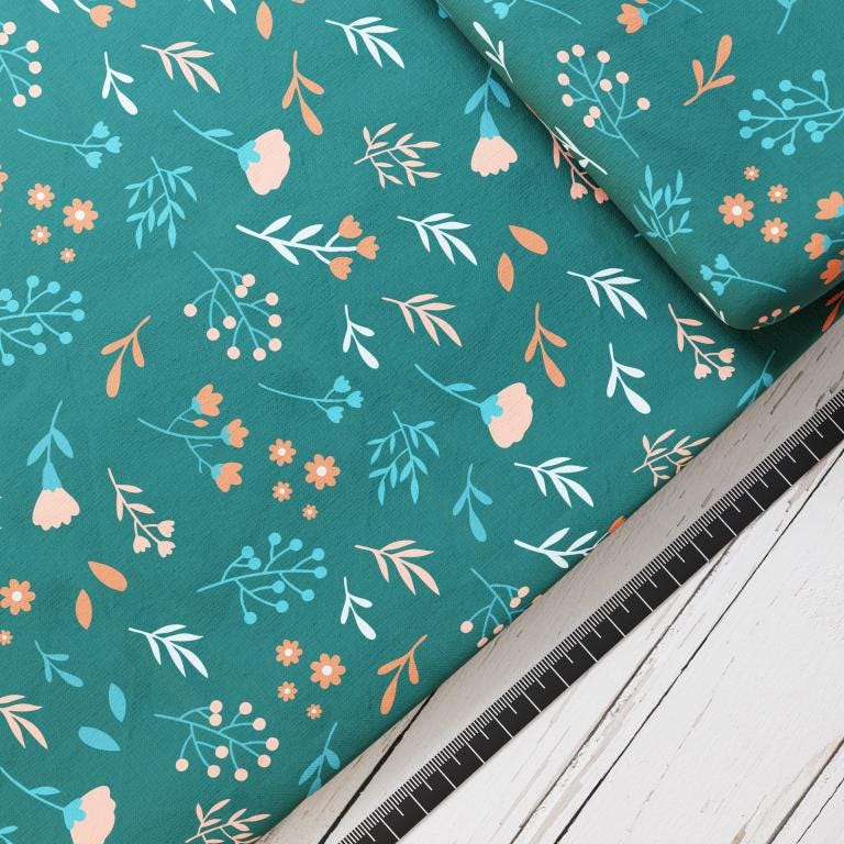 Baumwollsatin: Rehe im Wald - perfekt für Schultüten, Accessoires zur Einschulung - Rehkitz, Wald, Blumen, Grün, Mint