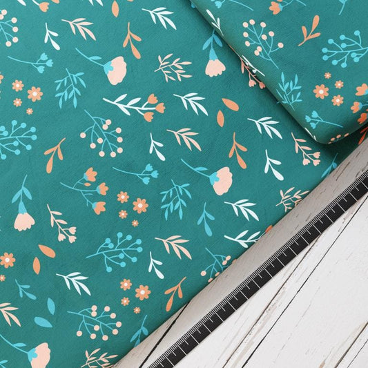 Baumwollsatin: Rehe im Wald - perfekt für Schultüten, Accessoires zur Einschulung - Rehkitz, Wald, Blumen, Grün, Mint