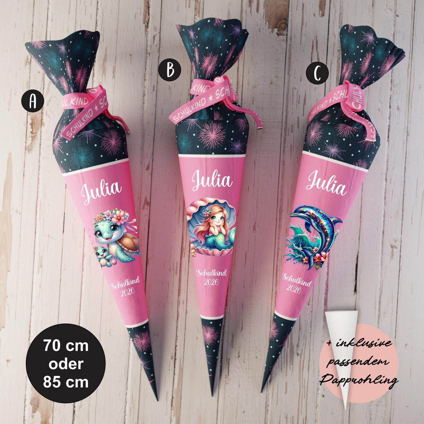 Schultüte: Meerjungfrau - DIY Näh-Set 70 cm oder 85 cm - selber nähen oder fix&fertig genäht - Unterwasser Feuerwerk inkl. Papprohling